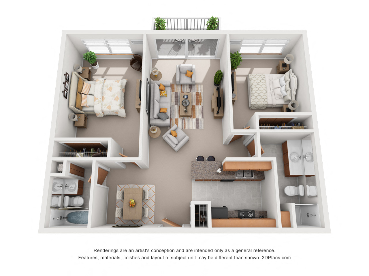 Floor plan for 2 beds, 2 baths, 1020 sqft